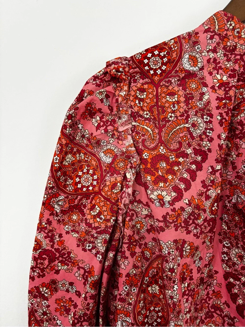 J.Crew Re-Imagined Large Pink Paisley Floral Ruffle Puff Sleeve Blouse Cotton